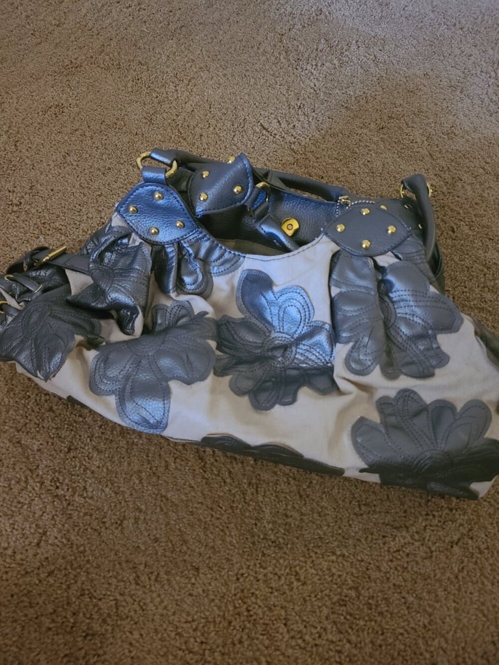 Big Buddha Metallic Floral Appliqué Hobo Bag Satchel - Picture 2 of 7